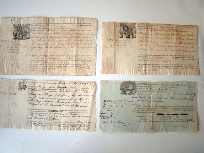 A framed grouping of four Bills of Lading for the Brig Orion, Capt. Samuel Harding, February 1810